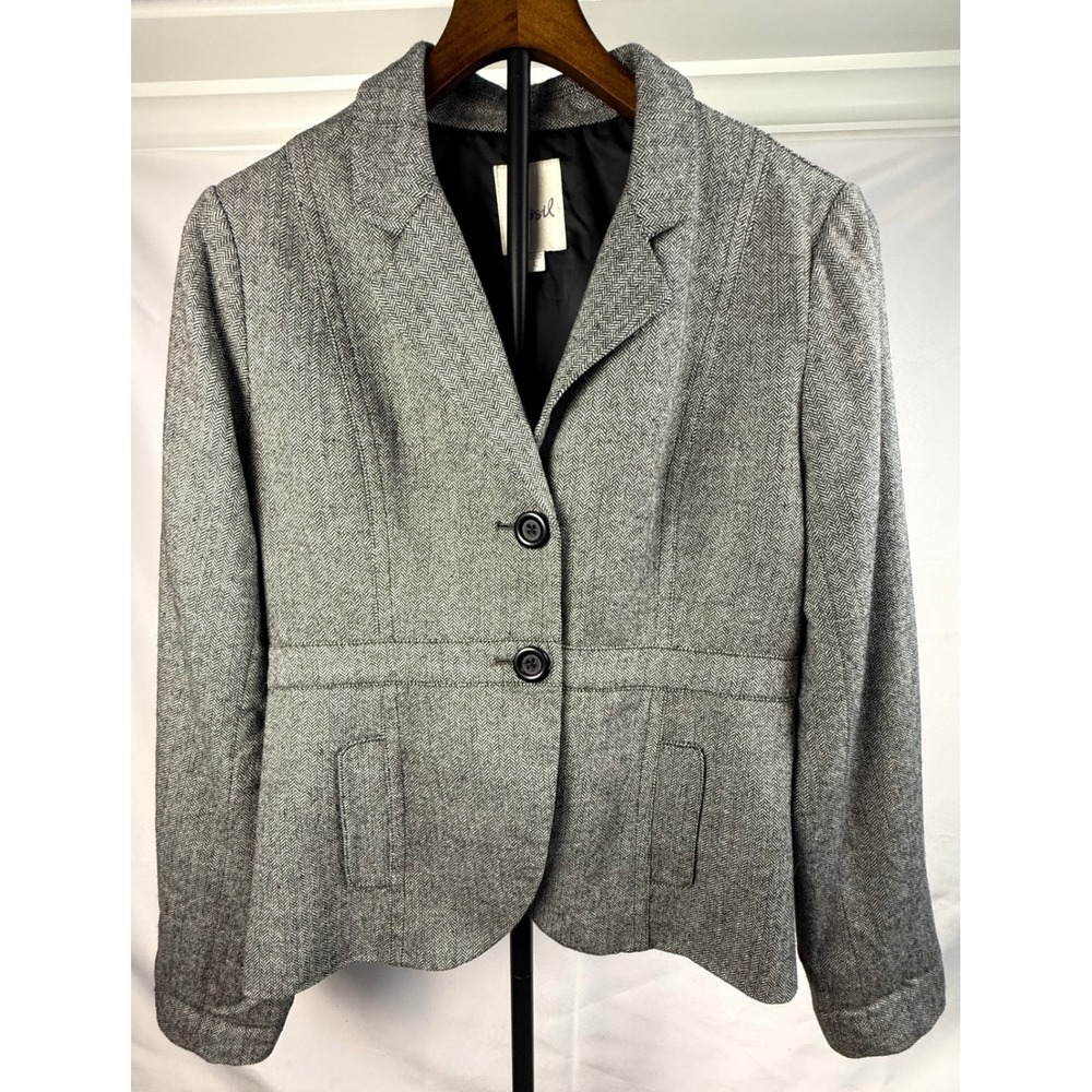 Fossil Women 10 Gray Herringbone Wool Blazer Jacket Dark Academia Professional